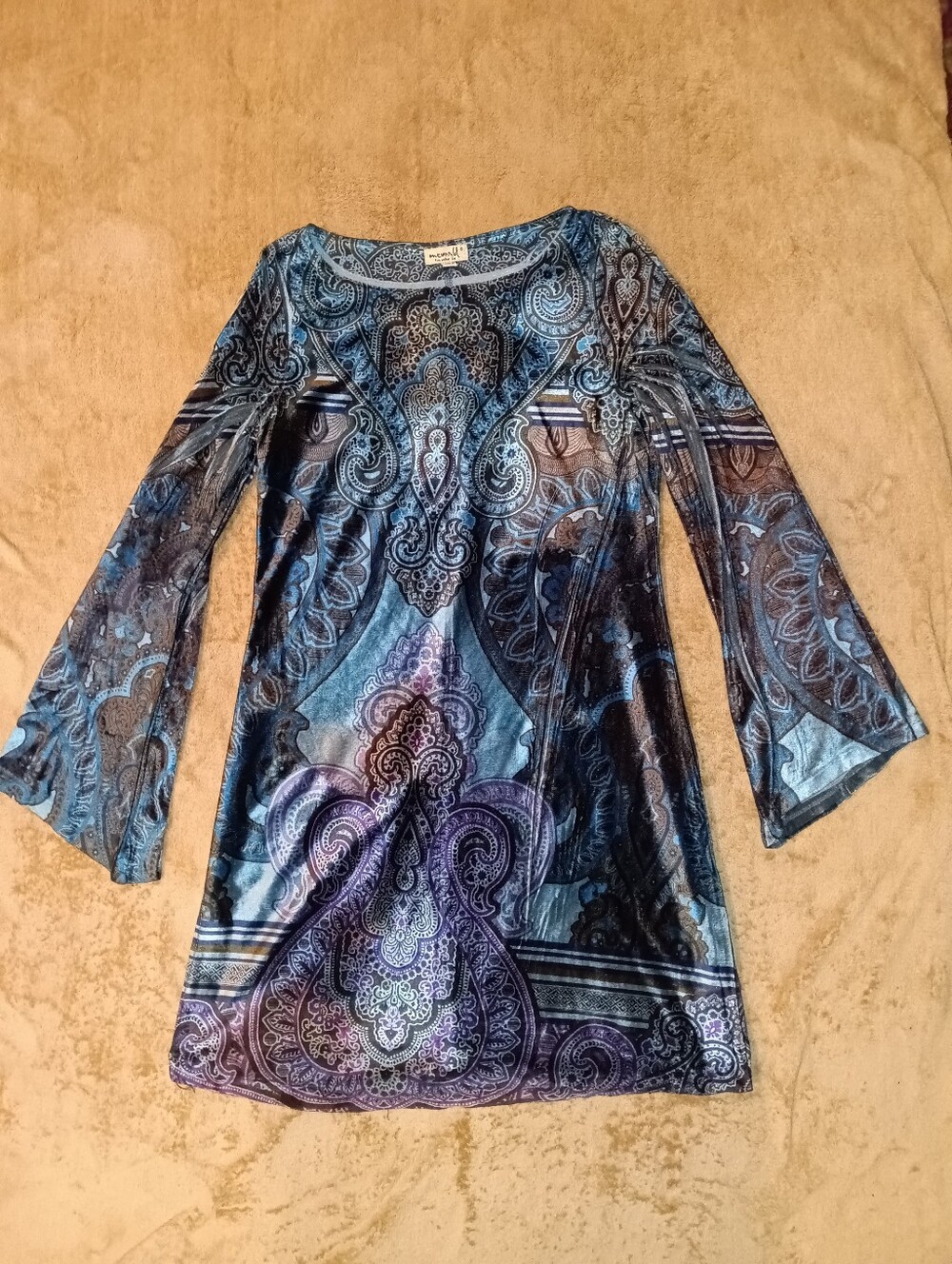 One World Velvet Paisley Print Long Sleeve Bodycon Tunic Dress in Blue & Purple - Picture 4 of 5